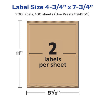 Avery Kraft Brown Rectangle Labels with Sure Feed, 4.75" x 7.75", 200 Kraft Brown Labels, Print-to-The-Edge, Laser/Inkjet Printable Labels
