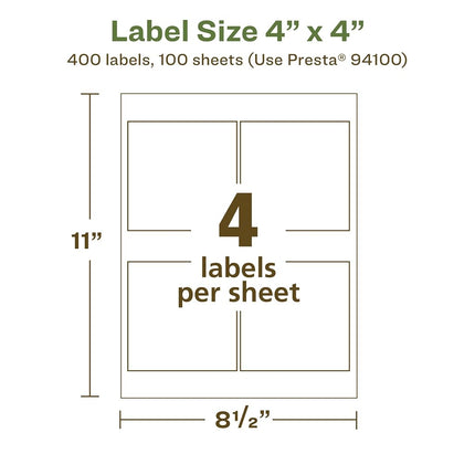 Avery EcoFriendly Matte White Recycled Square Labels, 4" x 4", Matte White Labels, Permanent Adhesive, Laser/Inkjet Printable, 400 Total