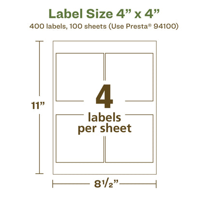 Avery EcoFriendly Matte White Recycled Square Labels, 4" x 4", Matte White Labels, Permanent Adhesive, Laser/Inkjet Printable, 400 Total