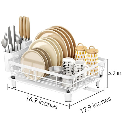 AIDERLY Iron Dish Drying Rack with Drainboard Dish Drainers for Kitchen Counter Extendable Spout Strainers with Utensil Holder and Knife Slots, White