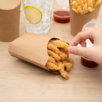 Bio Tek 4.5 x 3.2 x 3.9 Inch French Fry Cup, 100 Disposable Snack Cups - Stackable, Sustainable, Kraft Paper 3 Ounce Fry Holder, for Fries, Onion Rings, Popcorn, or Cookies - Restaurantware