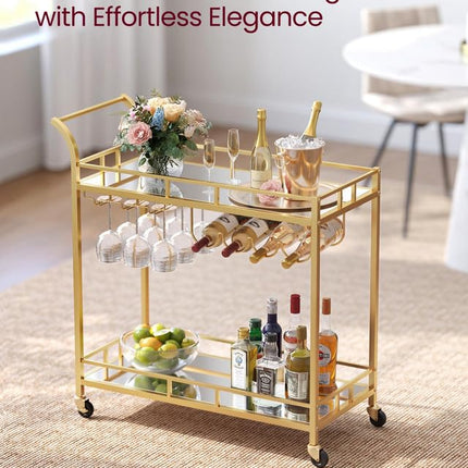 VASAGLE Bar Cart Gold, Home Bar Serving Cart, Wine Cart with 2 Mirrored Shelves, Wine Holders, Glass Holders, for Kitchen, Dining Room, Gold ULRC090A03