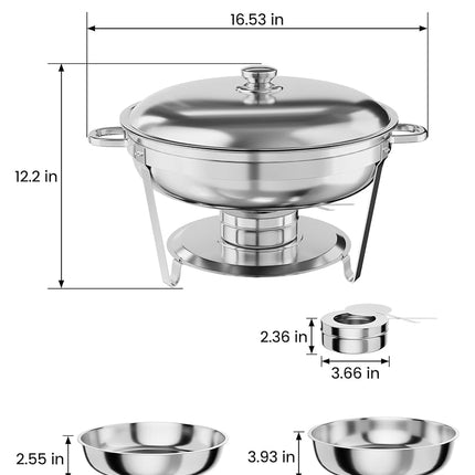 Plat de service pour buffet, service de buffet rond de 5 pintes avec support de couvercle, chafers et chauffe-plats en acier inoxydable avec cuillère et pinces pour les fêtes, les mariages (argent, lot de 2)