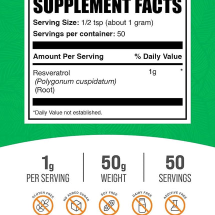 BulkSupplements.com Resveratrol Powder - Resveratrol Supplement, Polygonum Cuspidatum, Resveratrol 1000mg - Antioxidants Supplement, Vegan & Gluten Free - 1000mg per Serving, 50g (1.8 oz)
