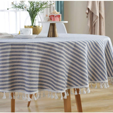 Meioro Round Tablecloth Stripe Tassel Table Cloth Cotton Linen Dust-Proof Table Cover for Dining, Parties, Holiday Indoor Outdoor Use (Blue/White Stripes, 39 Inch)