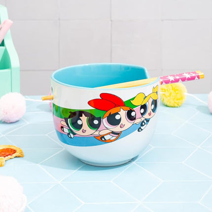 Silver Buffalo The Powerpuff Girls Girl Power Featuring Blossom, Bubbles, and Buttercup Ceramic Ramen Noodle Rice Bowl with Chopsticks, Microwave Safe, 20 Ounces