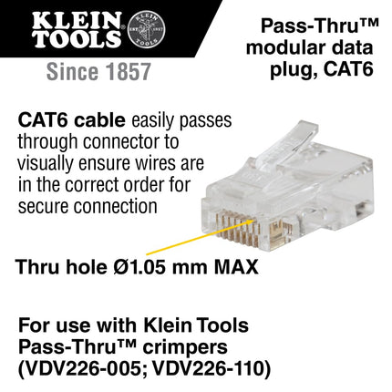 Klein Tools VDV826-729 Pass-Thru Modular Data Plugs, RJ45-CAT6, 10-Pack, Gold Plated, Power Over Ethernet-FCC-UL-RoHS Compliant, for Solid or Stranded Cable
