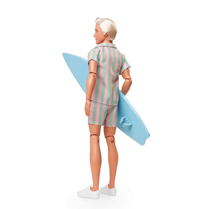 Barbie The Movie Ken Doll Wearing Pastel Pink and Green Striped Beach Matching Set with Surfboard and White Sneakers, JBJ54