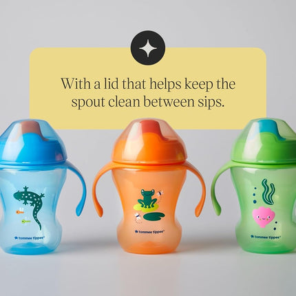 Tommee Tippee Trainer Sippee Cup, 7m+, 8oz, Pack of 3 Non-Spill Trainer Cups for Toddlers, Blue, Orange and Green, with Bite-Resistant Spout and Easy-Hold Handles, Travel Friendly and BPA Free