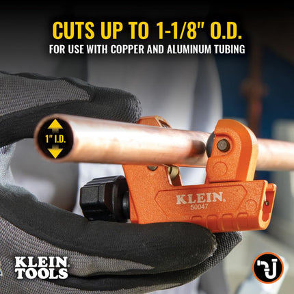 Klein Tools 50047 Mini Tubing Cutter, 1-1/8 Inch O.D. Cutting Capacity for Aluminum and Copper Tubing, Spare Blade Included