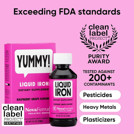 NovaFerrum Yummy | Pediatric Drops Liquid Iron Supplement for Infants and Toddlers | Liquid Iron For Kids | 15mg of Iron Per 1mL Dose | Ages 4 & Under | Gluten Free Certified | Sugar Free | Raspberry Grape | 4 Fl Oz (120 mL)