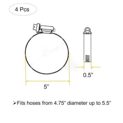 EesTeck 5" Adjustable 304 Stainless Steel Duct Clamps Hose Clamp Pipe Clamp Air Ducting Clamp worm drive hose clamps (4Pcs, 118mm-140mm)