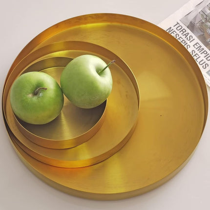 FREELOVE Gold Serving Tray, 12 in. Round Tray Stainless Steel Platter Bathroom Sink Vanity Trays Cosmetics Jewelry Organizer Towel Tray Tea Tray Decorative Tray (Brass, Round 12 inch)