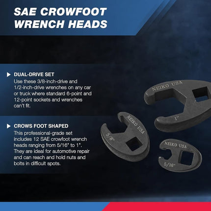 Neiko 03323A 3/8-inch and 1/2-inch drive SAE Crowfoot Wrench set, CR-MO, 12 piece set