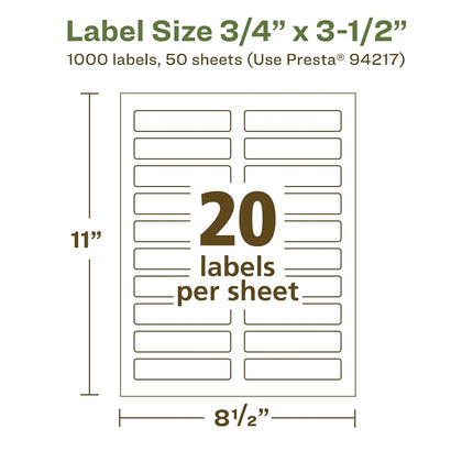 Etiquetas rectangulares recicladas Avery EcoFriendly de papel blanco mate, 0.75" x 3.5", Imprimir hasta el borde, Etiquetas blancas mate, Adhesivo permanente, Imprimible con láser/inyección de tinta, 1,000 en total