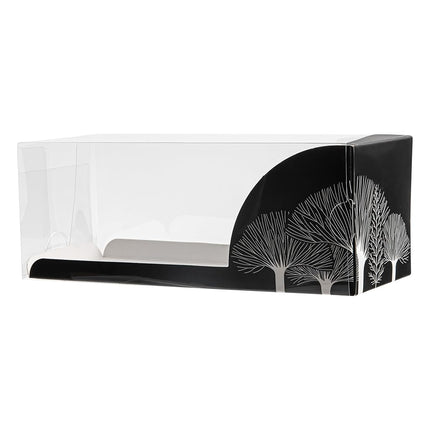 Restaurantware-7 Inch x 2.5 Inch Clear Dessert Boxes, 100 Black Paper Sleeve Transparent Candy Boxes - Tree Accent, No Grease Lining, Clear Plastic Clear Favor Boxes, Crack Resistant, Disposable