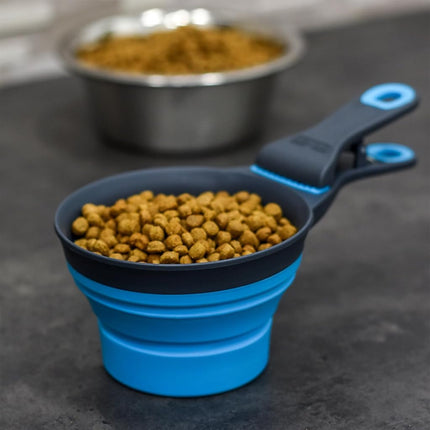 Dexas Pets Collapsible KlipScoop Collapsible Dry Dog Food Scoop and Dog Food Bag Clip, 2 Cup Capacity, Pro Blue