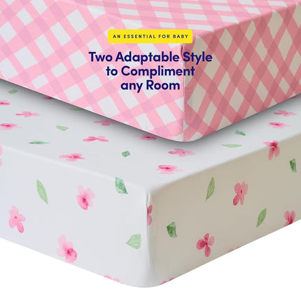 Paquete de 2 sábanas para cuna de niños y niñas – Ajuste elástico completo para colchones de cuna estándar (28″×52″) – Estampados elegantes de animales de zoológico, plumas, cuadros vichy y pétalos, enredaderas de acuarela, cuadros vichy y pétalos