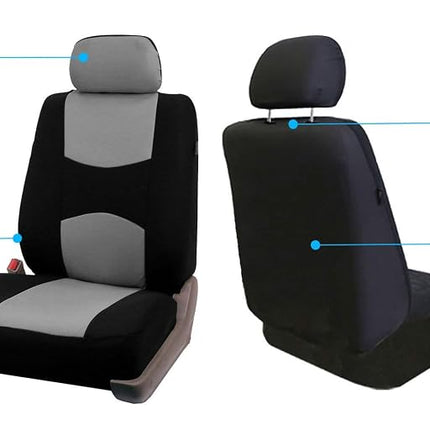 FH Group Car Seat Covers Flat Cloth Front Seats Only Gray Automotive Seat Cover, Airbag Compatible Universal Fit Interior Accessories Cars Trucks SUV Combo Steering Wheel Cover & Seat Belt Pads