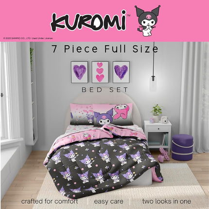 Franco Sanrio Kuromi & My Melody Bedding 7 Piece Super Soft Cozy Reversible Comforter and Sheet Set with Sham, Full, (Officially Licensed Product)