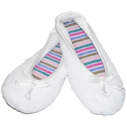 isotoner Women's Indoor/Outdoor Classic Terry Ballerina Slippers with Non-slip Sole, White Stripe, 6.5-7. 5