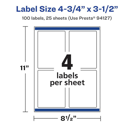 Etiquetas rectangulares duraderas e impermeables Avery con Sure Feed, 4.75" x 3.5", 100 etiquetas, impresión hasta el borde, etiquetas imprimibles con láser/inyección de tinta pigmentada