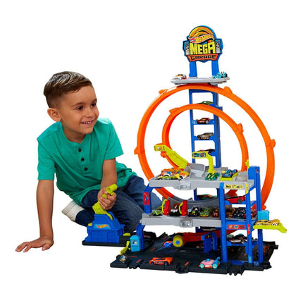 Hot Wheels Mega Loop Garage Track Set with Toy Car & Helicopter