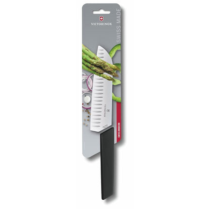 Victorinox, Swiss Modern Professional Santoku Knife, Extra Sharp Blade, Serrated Edge, 17 cm, Robust Plastic Handle, Stainless Steel, Black