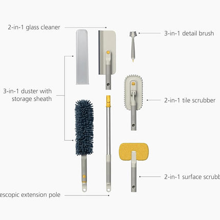 Joseph Joseph CleanTech Deep Cleaning Tool Set with Extension Pole, 5 Cleaning Tools + Extendable Telescopic Handle for Glass, Tiles, Surfaces