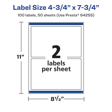 Avery Durable Waterproof Rectangle Labels with Sure Feed, 4.75" x 7.75", 100 Oil and Tear-Resistant Waterproof Labels, Print-to-The-Edge, Laser/Pigment-Based Inkjet Printable Labels