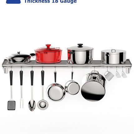 KYBOLT Stainless Steel Hanging Rack for Kitchen Storage and Organization, [NSF Certified] 12" W*48" L Shelf with 10 S Hooks for Hanging Pots, Pans for Home Kitchen, Restaurant & Hotel