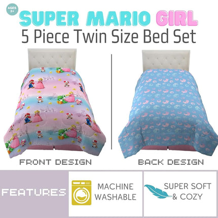 Franco Comforter and Sheet Set with Sham, Microfiber, Super Mario Girl, 5 Piece Twin Size