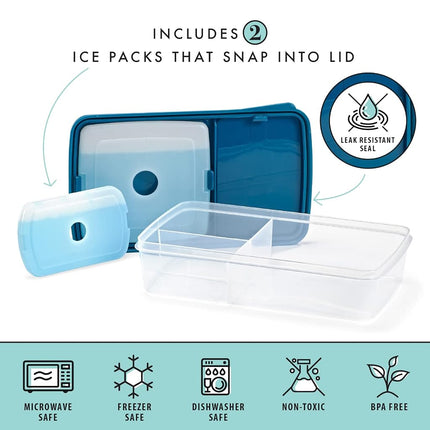 Caja bento LOTG de Fit + Fresh, fiambrera de tres compartimentos que incluye 2 bolsas de hielo delgadas, reutilizable y a prueba de fugas, perfecta para bolsas de almuerzo térmicas, fiambreras y más, azul marino