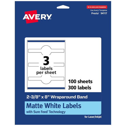 Avery Matte White Cigar Labels with Sure Feed, 2-3/8" x 8", 300 White Labels, Permanent Label Adhesive, Laser/Inkjet Printable Labels