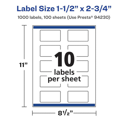 Avery Waterproof Rectangle Labels with Sure Feed, Print to The Edge, 1.5" x 2.75", 1,000 White Labels (36558)
