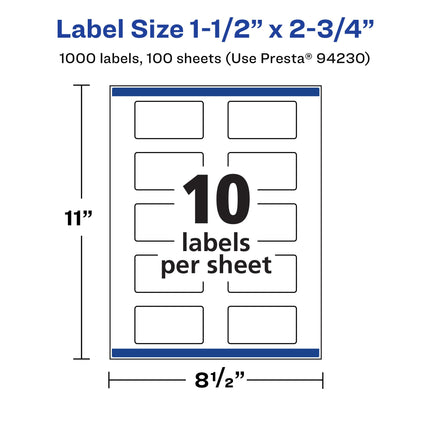 Avery Matte White Rectangle Labels with Sure Feed, 1.5" x 2.75", 1,000 Matte White Printable Labels