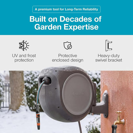 GARDENA 8055 - 100 Foot Wall Mounted Retractable Reel with Hose Guide, Automatic retraction for Easy Watering, Gray