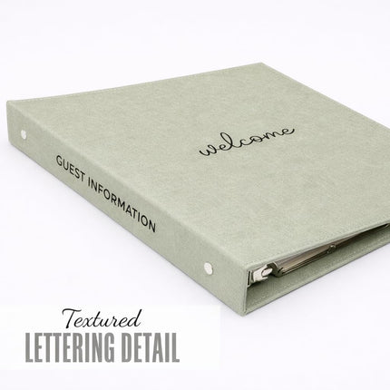 Paper 'n Such Welcome Binder for Short Term Rentals –Green Linen Fabric 3 Ring Folder for Airbnb, Vacation Home, House Manual & Guest Information - Letter Size