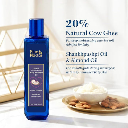 Blue Nectar Ayurvedic Baby Oil with Organic Ghee, 100% Natural Baby Massage Oil With Coconut Oil & Olive Oil (200ml)