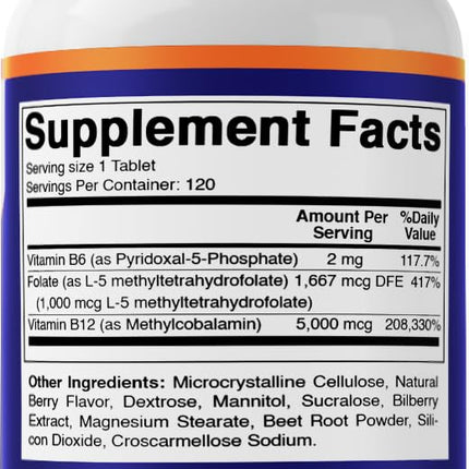 Vitamatic Methyl Folate & B12 Supplement with Pyridoxal 5 Phosphate (P-5-P) - Promotes Cardiovascular Health & Energy Metabolism - 120 Fast Dissolve Tablets - Non GMO & Gluten Free