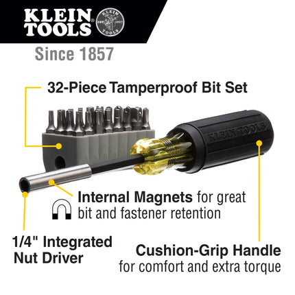 Multibit Screwdriver 32-in-1 Multi Tool, Sturdy Bit and Screw Holding Magnet, Tamperproof Torx, Hex and Torq Set, Klein Tools 32510, Grey