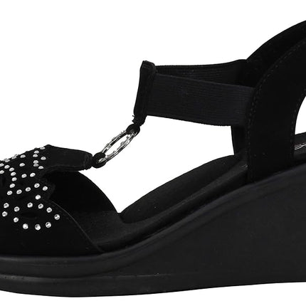Skechers Women's Rumblers-Queen B Wedge Sandal, Black, 9.5
