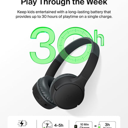 Belkin SoundForm Mini Kids Wireless Headphones w/Built-in Microphone, 30H of Playback Time, Fun Stickers, & Case - Over-Ear Headsets for Online Learning, School, iPhone, iPad, Galaxy, & More - Black