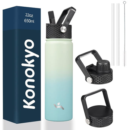 Konokyo Insulated Water Bottle with Straw,22oz 3 Lids Metal Bottles Stainless Steel Water Flask,Mint