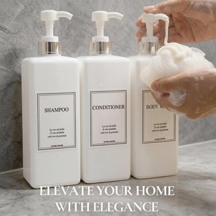 HARRA HOME Modern Gold Design Pump Bottle Set 27 oz Refillable Shampoo and Conditioner Dispenser Empty Shower Plastic Bottles with Pump for Bathroom Lotion Body wash, Pack of 3 (White & Silver)