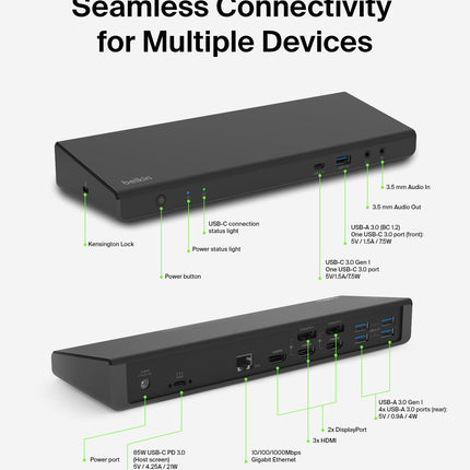 Belkin Triple Display DisplayLink Docking Station Hub with 3 HDMI Ports, 2 DisplayPorts for Triple 4K Display with 85W Power Delivery, Gigabit Ethernet, 3.5mm Mic/Speaker, 1 USB-C and 5 USB-A Ports
