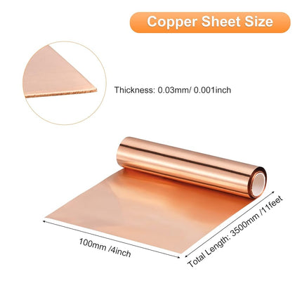 uxcell Copper Sheet Roll 3500mm x 100mm x 0.03mm, 99.9% Pure Copper Strip 4" x 11.5ft 28 Gauge Copper Flashing Metal Foil Plate for Electricity DIY Projects (Multiple Sizes)