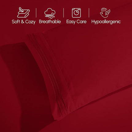 Elegant Comfort Luxurious 1500 Premium Hotel Quality Microfiber Three Line Embroidered Softest 5-Piece Bed Sheet Set, Wrinkle and Fade Resistant, Split King, Burgundy