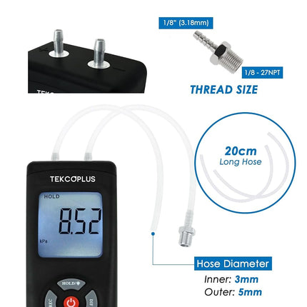 Portable Handheld Digital Manometer HVAC Air Vacuum/Gas Differential Pressure Gauge Meter Tester 11 Units with Backlight, 13.78kPa 2PSI, 1-2 Pipes Ventilation Air Condition System Measurement