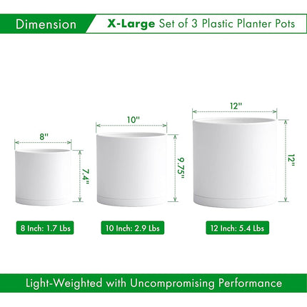 D'vine Dev 8 Inch 10 Inch 12 Inch, Set of 3 Plastic Planter Pots for Plants with Drainage Hole and Seamless Saucers, White Color, X-Large, 74-V-A-5